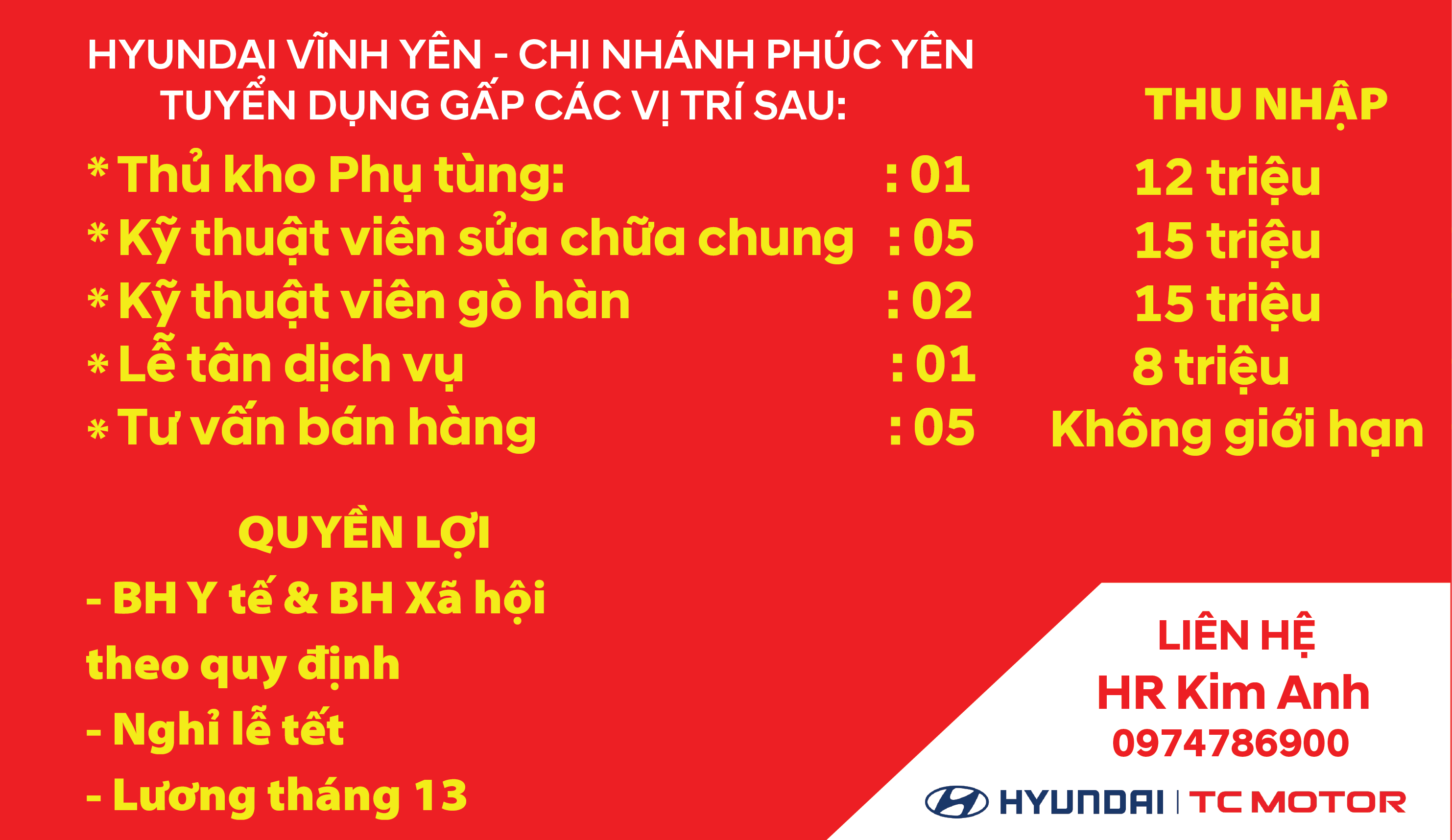 HYUNDAI PHÚC YÊN TUYỂN DỤNG THÁNG 01 - 2025